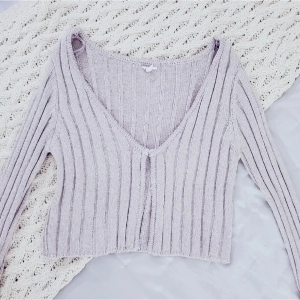 Garage Cotton Knit Ribbed Lilac Cropped Cardigan - Picture 10 of 10